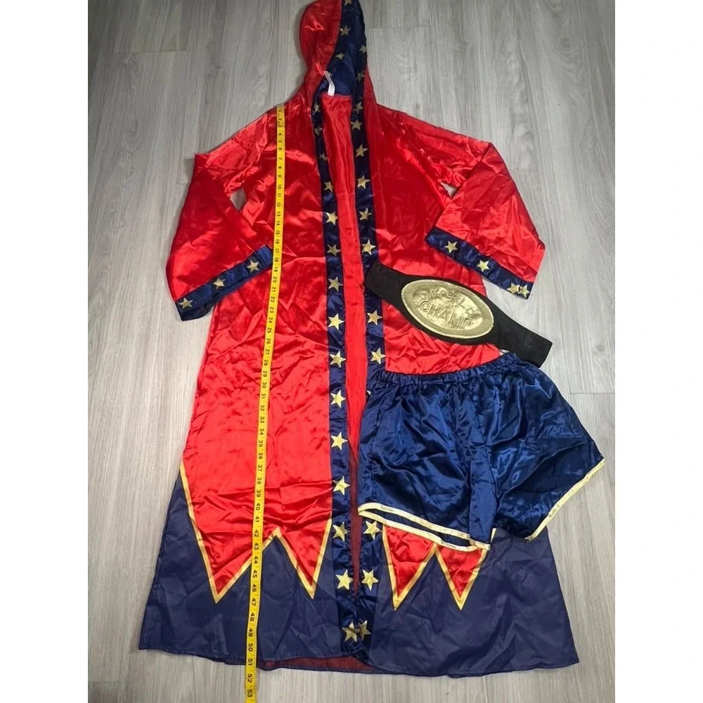 Womens Boxing Champion Costume Set Red Blue Satin Robe Shorts World Champ Belt